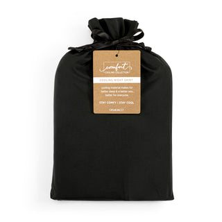 Black cooling nightshirt in a drawstring bag with a label on a white background