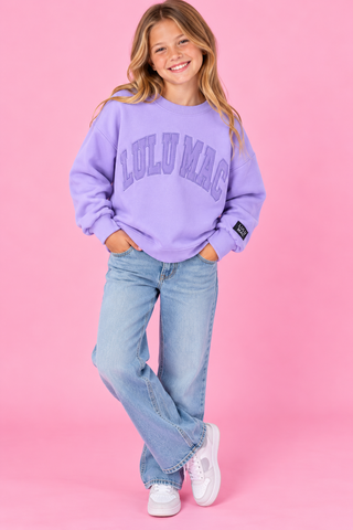 lavender purple crewneck sweatshirt with 'LULUMAC' printed in arched letters on the chest