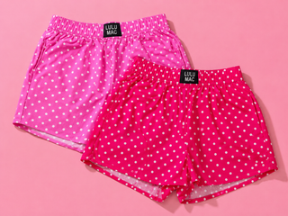 Polka Dot Boxer Shorts featuring a pink and white polka dot print, 100% cotton, elastic waistband, and relaxed fit.