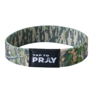 Camo-patterned wristband with 'Tap to Pray' label on a white background
