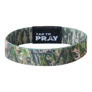 Camo-patterned wristband with 'Tap to Pray' label on a white background