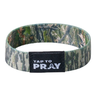 Camo-patterned wristband with 'Tap to Pray' label on a white background