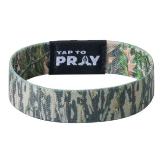 Camouflage-patterned wristband with 'Tap to Pray' label on a white background