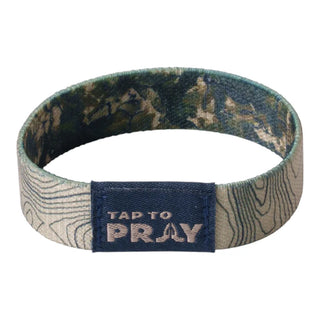Wristband with 'Tap to Pray' text on a white background