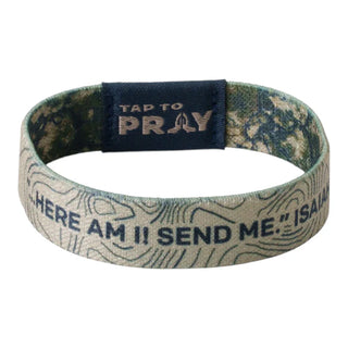 Wristband with motivational text and 'Tap to Pray' feature on a white background