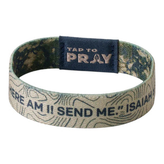 Wristband with 'Tap to Pray' tag and motivational quote on a white background
