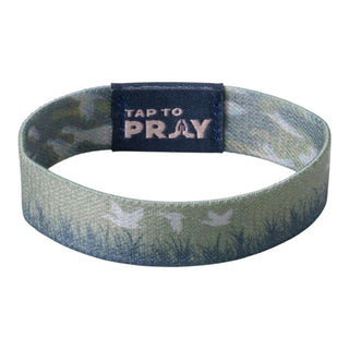 Wristband with 'Tap to Pray' label on a white background