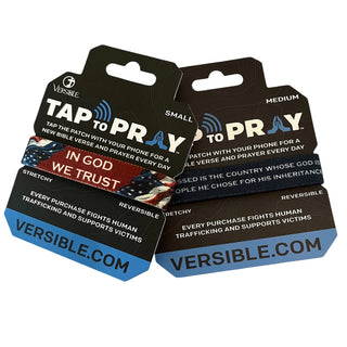 Versible prayer patch packaging with text and branding on a white background
