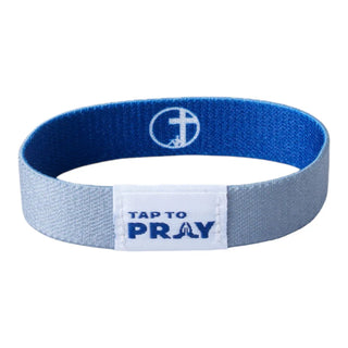 Blue wristband with a white tag that says 'Tap to Pray' on a white background