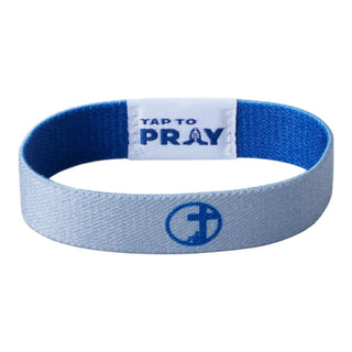 Blue and gray wristband with 'Tap to Pray' text and cross symbol on a white background
