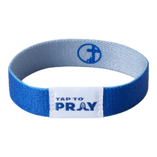 Blue wristband with a cross symbol and 'Tap to Pray' text on a white background