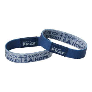 Two blue wristbands with text and symbols on a white background