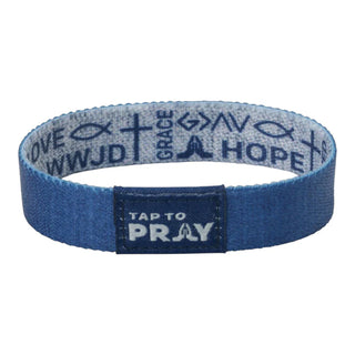 Blue wristband with text and 'Tap to Pray' label on a white background