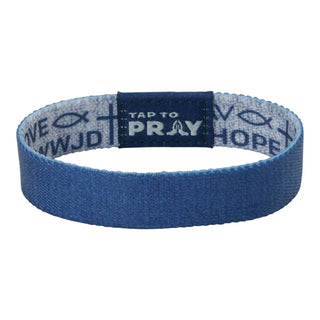 Blue wristband with text on a white background