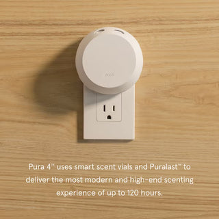 Pura 4 air freshener on a wall socket with text about its features.