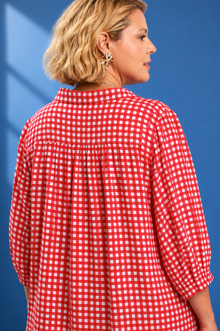 A woman shown from the back wearing a red and white gingham check blouse with elbow-length puff sleeves, set against a solid blue background.