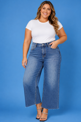 PLUS Harper TC HR Crop Wide Leg Medium Wash Raw Hem Jeans