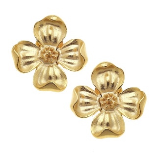 Pair of gold flower-shaped earrings on a white background