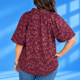 PLUS First Class Scallop Hem 3/4 Sleeve Leopard Print Top