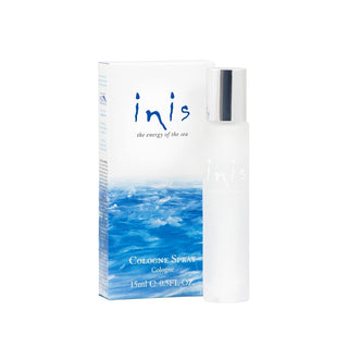 Cologne spray bottle with packaging featuring an ocean design and 'inis' branding.