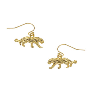 Gold tiger-shaped earrings on a white background