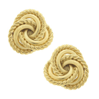 Pair of gold knot earrings on a white background