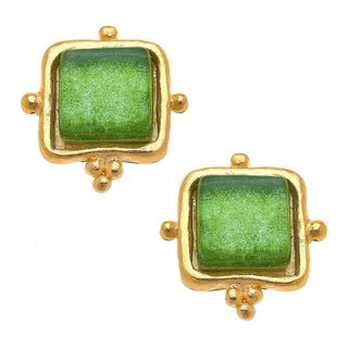 Gold-framed green square stud earrings on a white background