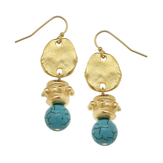 Gold and turquoise earrings on a Susan Shaw branded card against a pink background