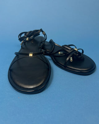 A pair of black leather flat sandals with thin strappy details and small gold hardware, against a solid blue background.