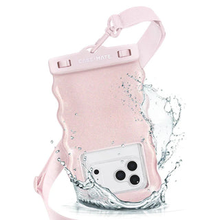 Pink phone case with water splash design on a white background