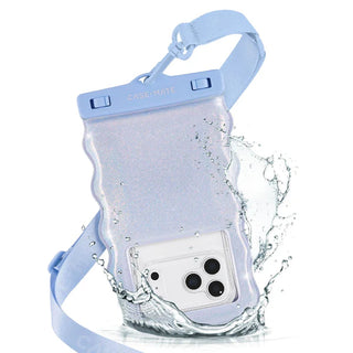 Clear phone case with blue strap and water splash effect on a white background