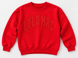 red crewneck sweatshirt with 'LULU MAC' printed in red arched letters across the chest