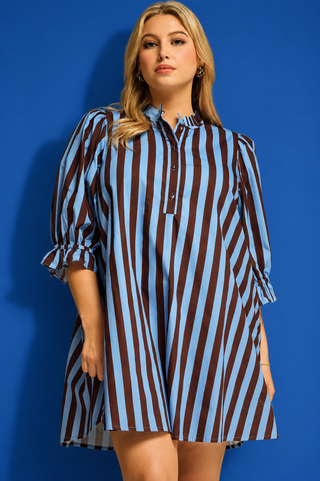 a brown and light blue vertically striped shirt dress with puff sleeves and a buttoned collar