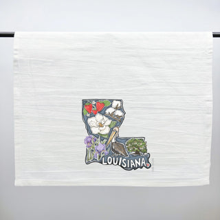 White towel with a colorful Louisiana state design on a white background