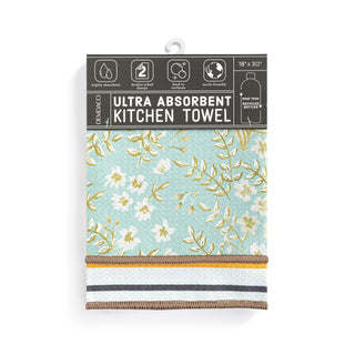 Floral patterned kitchen towel with packaging on a white background