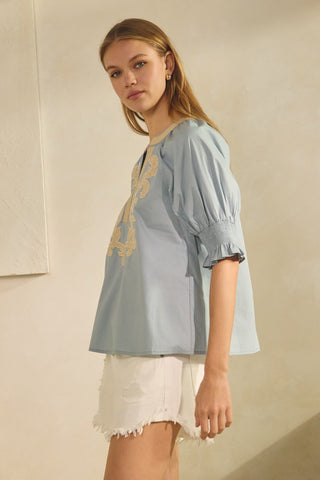 Woman wearing a light blue blouse with lace details and white shorts against a beige background