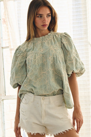 Woman wearing a light green lace blouse and white shorts in a bright room.
