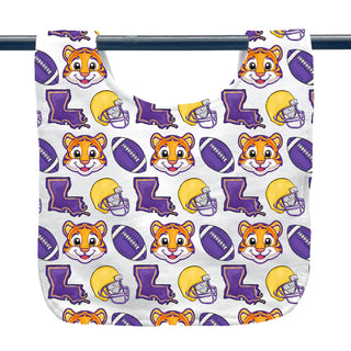 Baby bib with LSU Tigers and football pattern on a white background