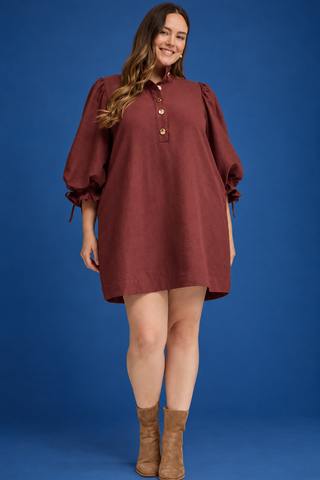 PLUS Vintage Vines Button Detail Puff Sleeve Mini Dress
