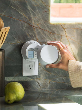 Person holding a white container over a power outlet on a marble countertop.