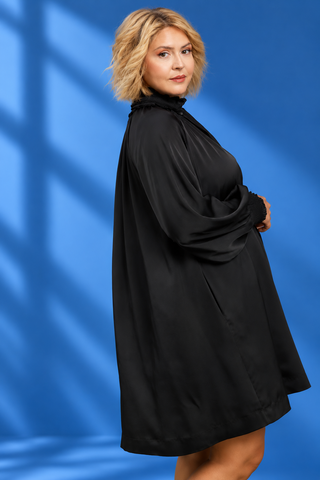 PLUS Boss Babe Satin Long Sleeve Bow Neck Mini Dress
