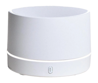 White cylindrical device with a glowing ring on a white background