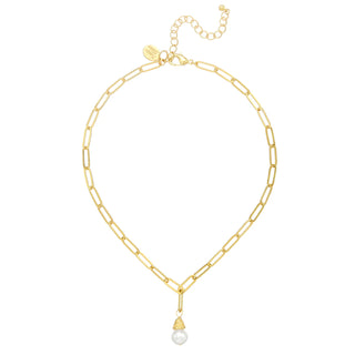 Gold chain necklace with a pearl pendant on a white background