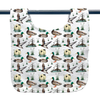 Patterned towel with mallard duck design on a white background