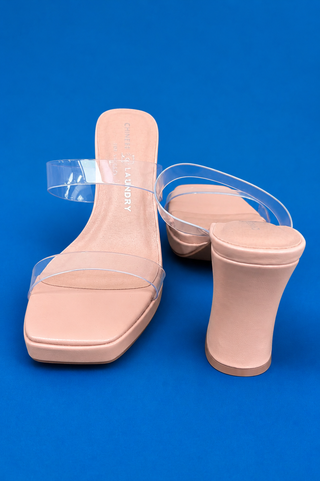 A pair of nude pink block-heel slide sandals with transparent plastic straps, displayed on a solid blue background.