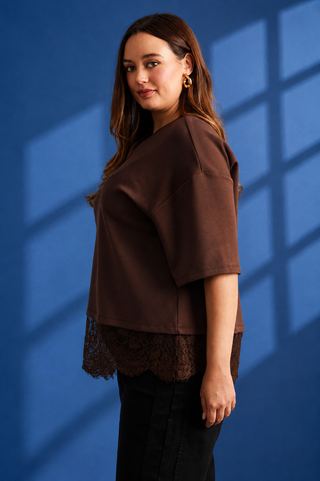 PLUS Lace & Latte Asymmetrical Lace Hem Brown Top