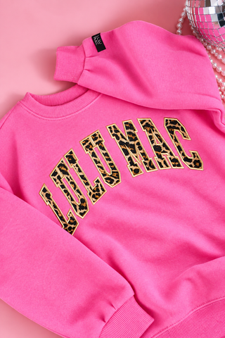 hot pink color paired with bold collegiate-style LULU MAC lettering crafted from classic leopard print