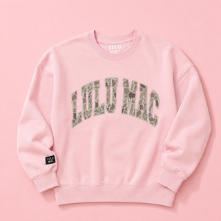 Candy Pink & Camo Crewneck featuring embroidered camo lettering, soft fleece lining, and a cozy everyday fit for kids.