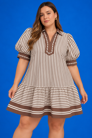 PLUS Crisp Morning Stripe Puff Sleeve Mini Dress