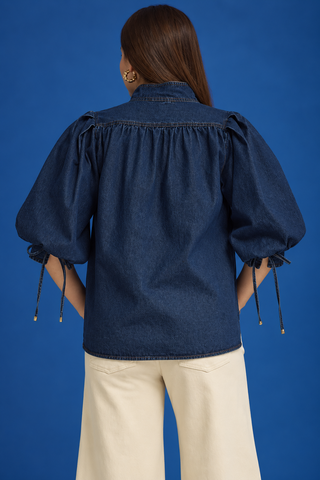 PLUS Bluebonnet Breeze Denim Button Detail 3/4 Puff Sleeve Top